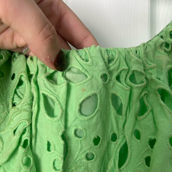 ASOS Edition Blouson Off Shoulder Tiered Broderie Green Mini Dress - Picture 4 of 5